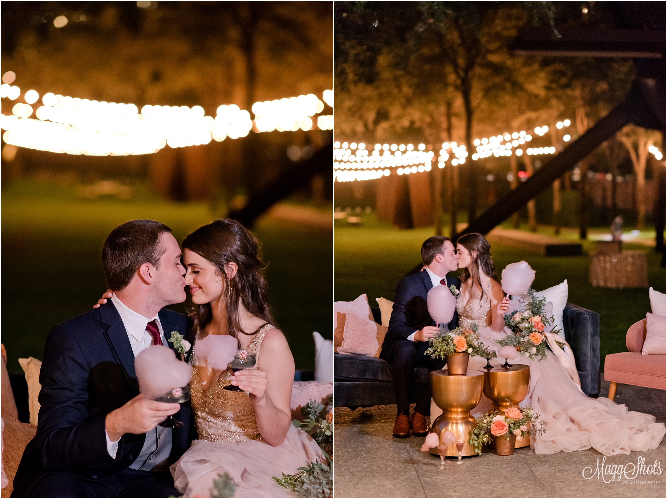 Styled Shoot, Wedding, Love, MaggShots Photography, MaggShots, Professional Photography, Professional Photographer, Couple, Bouquet, Flowers, Ring, The Washer Sculpture Center, Dallas, Bride and Groom, Kiss, Lights, Cotton Candy, Drinks