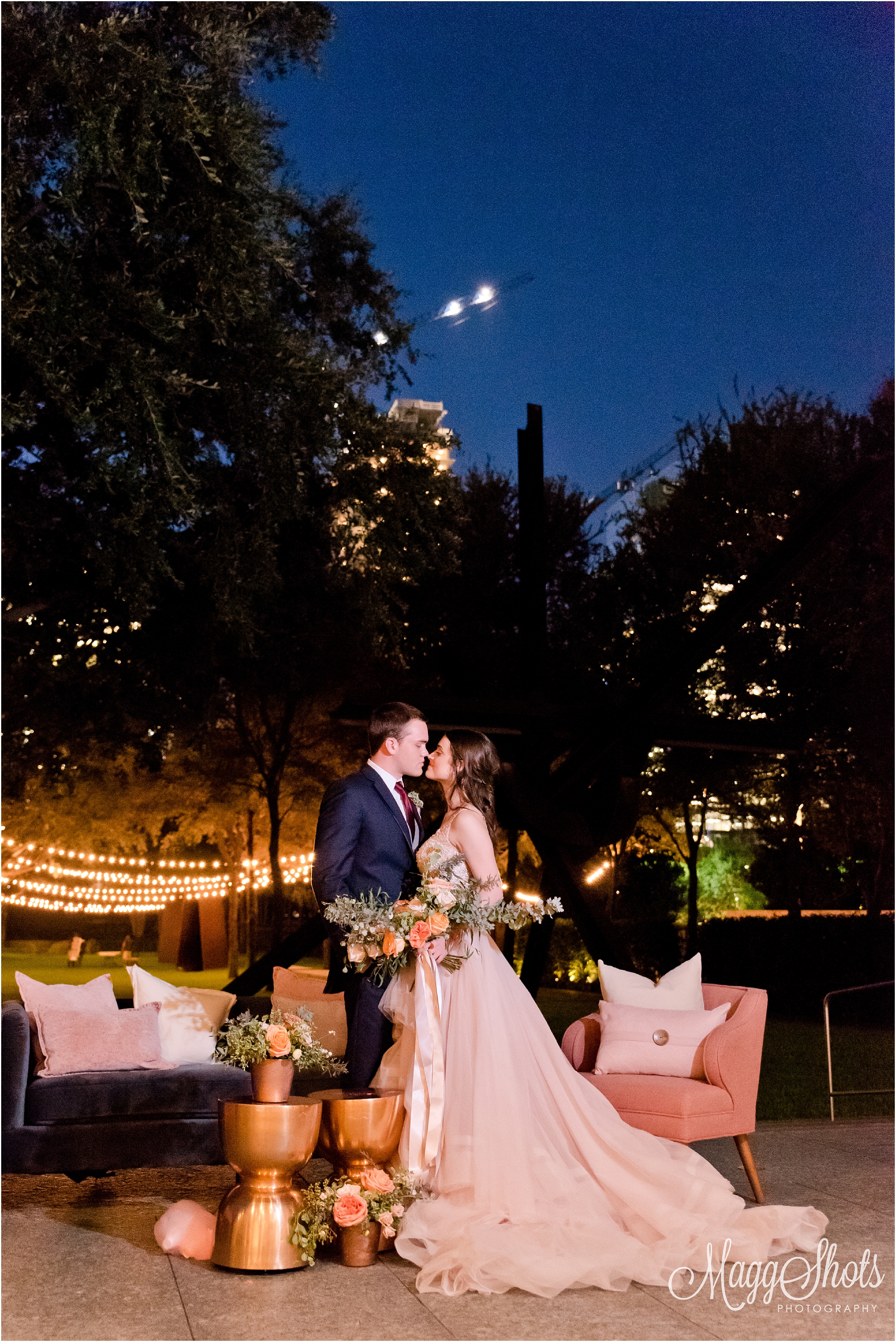 Styled Shoot, Wedding, Love, MaggShots Photography, MaggShots, Professional Photography, Professional Photographer, Couple, Bouquet, Flowers, Ring, The Washer Sculpture Center, Dallas, Bride and Groom, Kiss, Night, Lights, Detail, Lounge