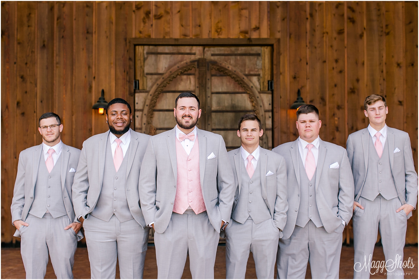 MaggShots Photography, DFW Wedding Photographer, Lucky Spur Wedding Photographer, Lucky Spur, Wedding Photographer, Justin wedding, Lucky Spur Wedding, wedding party, grooms party, boutonniere, wooden doors, 
